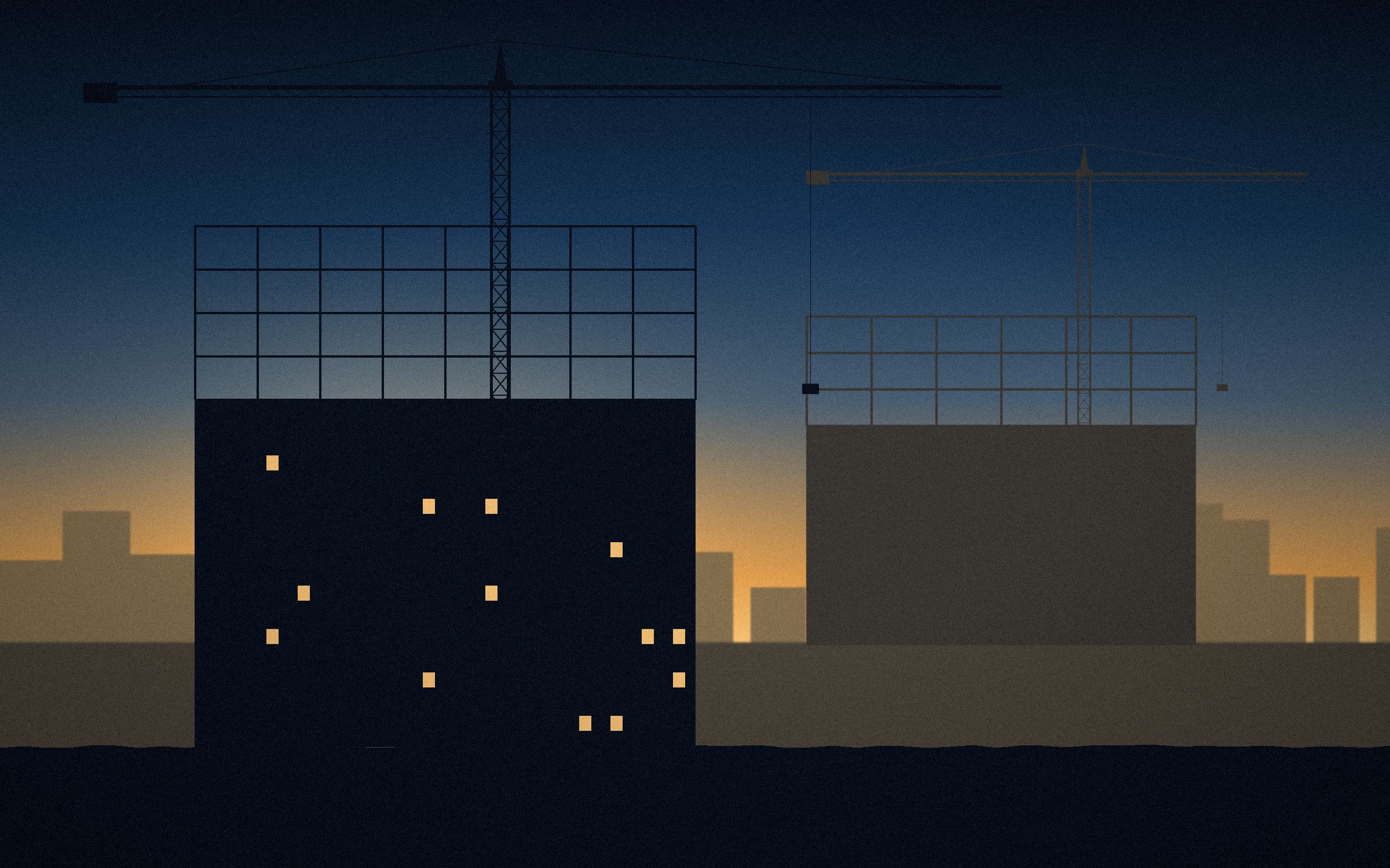 Tower cranes over a building under construction at dusk